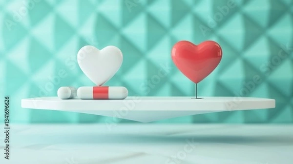 Fototapeta Red and White Heart Shapes with Pills on a Floating Platform, Turquoise Background