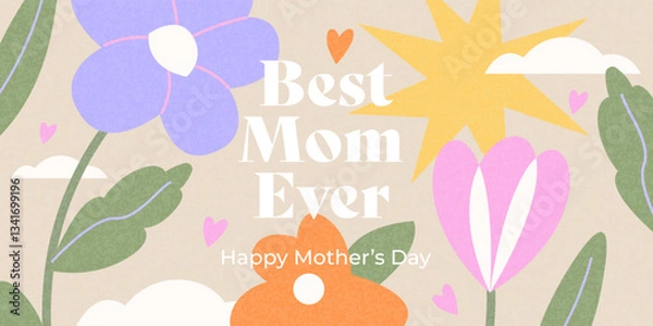 Obraz Spring summer cute card, cover, banner or poster for spring or summer holiday with wildflowers, daisies, tulips. Hand drawn Floral art template for Mothers Day greetings, ads, sales and decoration