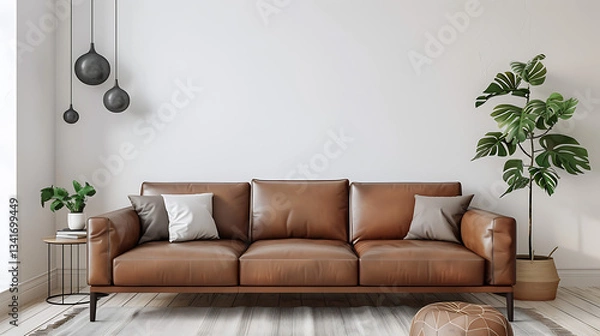 Fototapeta Living room interior in beige with wooden shelf, sofa, decorative flowers on a beige wall. Simple modern house interior design concept.