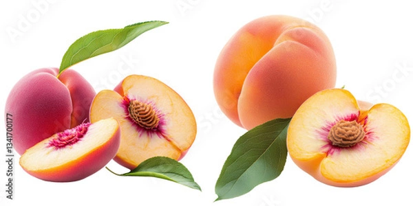 Fototapeta Generative Ai has produced an image of a peach and its leaf, positioned on a transparent background in isolation