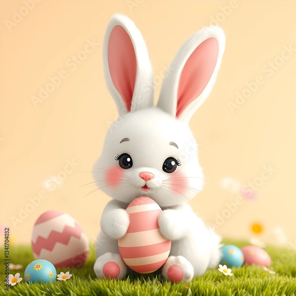 Fototapeta kawaii white easter bunny with easter eggs on yellow background with copy space