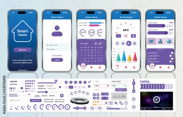 Fototapeta A set of UI UX elements for smart home management mobile apps: an interface with buttons, panels, graphs, and navigation for monitoring and controlling automation systems.