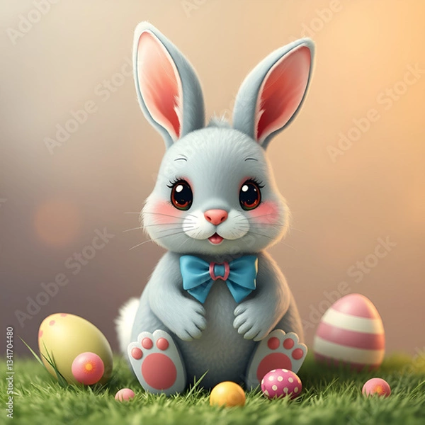Fototapeta grey easter bunny with blue bow with easter eggs on orange background with copy space