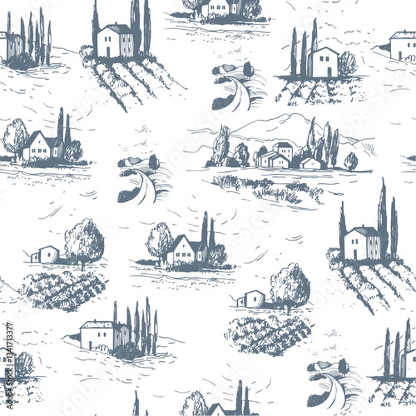 Fototapeta Hand-drawn houses and trees.  Vector seamless pattern.