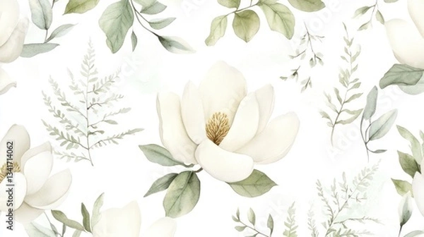 Fototapeta A soft and dreamy floral watercolor pattern with white magnolias, delicate greenery