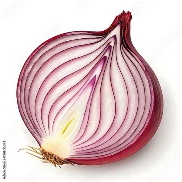 Fototapeta A Perfectly Halved Red Onion Reveals Its Intricate Layers, A Vibrant Display Of Natures Artistry Against A Stark White Background