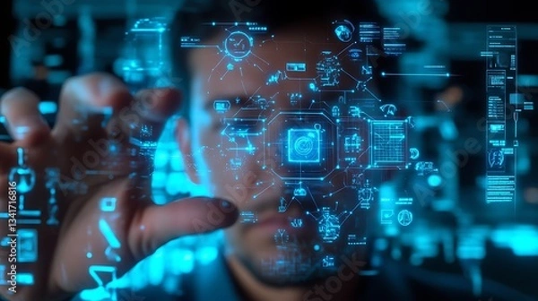 Fototapeta A businessman holding a glowing holographic network expansion plan, optimizing digital infrastructure for next-gen connectivity