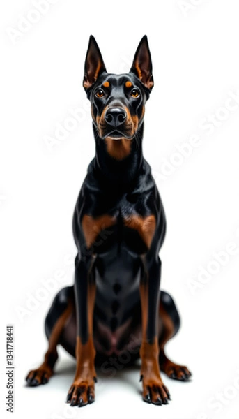 Fototapeta A majestic black Doberman stands proudly against a seamless white background, highlighting its powerful build and attentive expression.