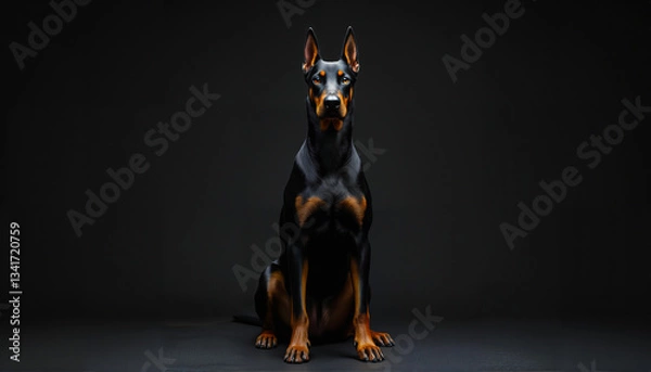 Fototapeta A muscular Doberman with a glossy coat and focused expression, captured in dramatic lighting.