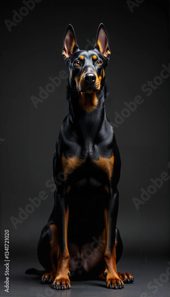 Fototapeta A confident and alert Doberman, its focused eyes and muscular frame creating a striking composition.