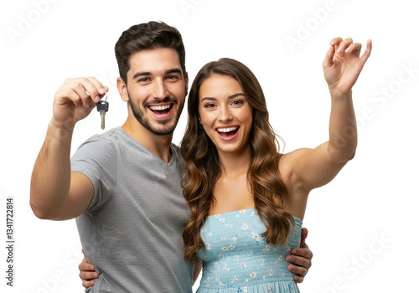 Fototapeta Young happy couple hugging, showing keys to new house isolated on White background