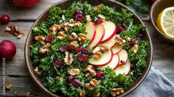 Fototapeta Vibrant kale salad with apples walnuts and cranberries a nutritious delight