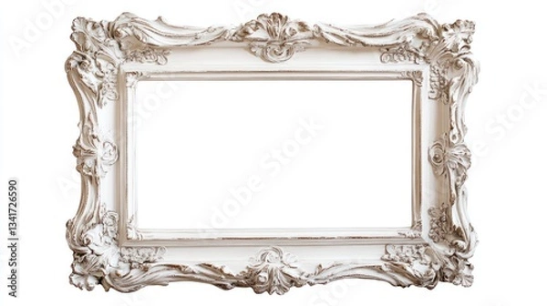 Fototapeta A white antique-style frame with embossed floral accents and subtle gold detailing