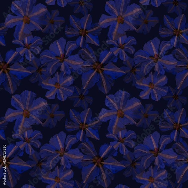 Fototapeta Watercolor drawn clematis plant in seamless pattern. Blue and neon pink flowers background. Design for fabric, surfaces, covers, textile, packaging, bed sheets. Pattern in modern floral theme.