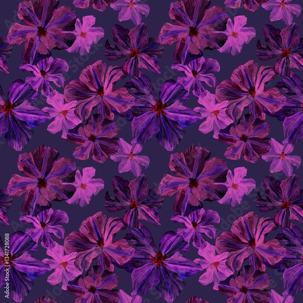 Fototapeta Watercolor drawn clematis plant in seamless pattern. Blue and deep purple flowers background. Design for fabric, surfaces, covers, textile, packaging, bed sheets. Pattern in modern floral theme.
