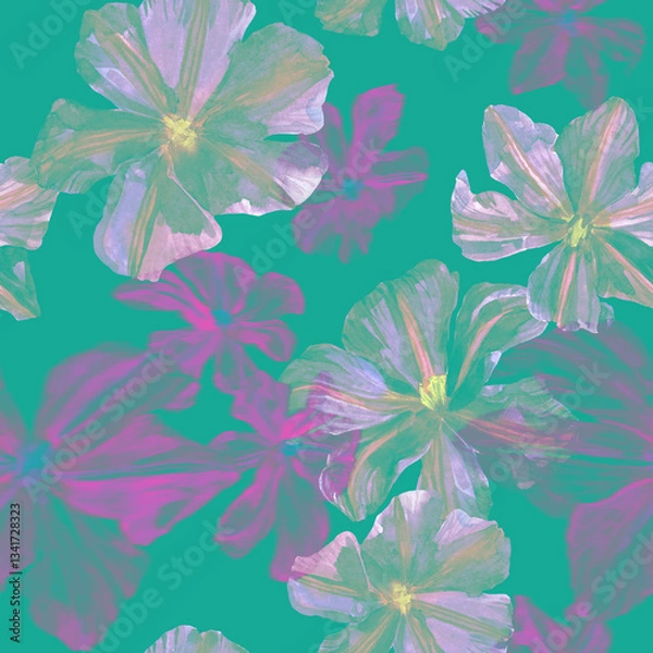Fototapeta Watercolor drawn clematis plant in seamless pattern. Blue and neon pink flowers background. Design for fabric, surfaces, covers, textile, packaging, bed sheets. Pattern in modern floral theme.