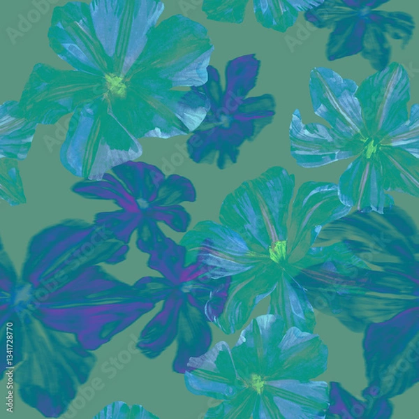 Fototapeta Watercolor drawn clematis plant in seamless pattern. Blue and neon flowers background. Design for fabric, surfaces, covers, textile, packaging, bed sheets. Pattern in modern floral theme.