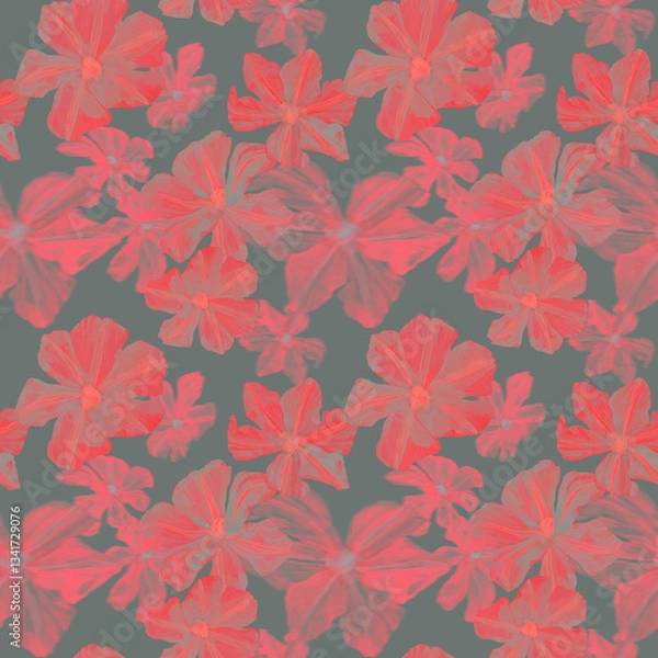 Fototapeta Watercolor drawn clematis plant in seamless pattern. Red and gray flowers background. Design for fabric, surfaces, covers, textile, packaging, bed sheets. Pattern in modern floral theme.