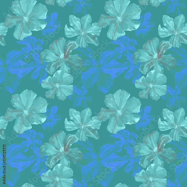 Fototapeta Watercolor drawn clematis plant in seamless pattern. Blue and indigo flowers background. Design for fabric, surfaces, covers, textile, packaging, bed sheets. Pattern in modern floral theme.