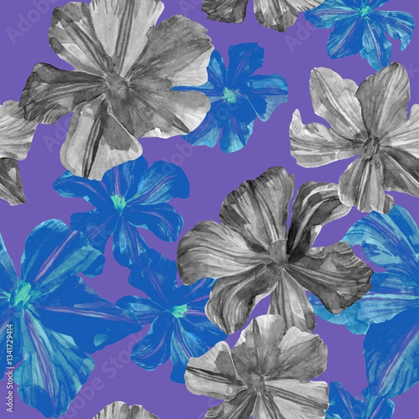 Fototapeta Watercolor drawn clematis plant in seamless pattern. Blue and gray flowers background. Design for fabric, surfaces, covers, textile, packaging, bed sheets. Pattern in modern floral theme.