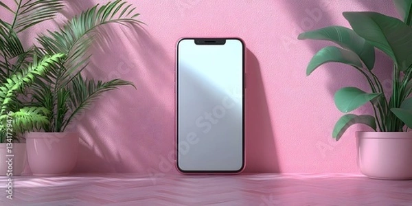 Fototapeta Digital Oasis: A sleek, blank-screen smartphone stands poised amidst an indoor haven of potted plants and soft shadows. The scene creates a balance of technology and natural beauty.