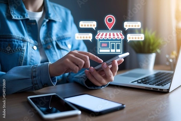 Fototapeta Local Business Digital Interaction – Customer Reviews & Online Reputation,  Digital marketing, local SEO, and consumer experience in online business reviews

