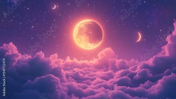 Fototapeta Pink Moon Glowing above Clouds at Night