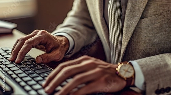 Fototapeta close-up of a male worker’s hands typing on a keyboard, his sleeves rolled up to reveal a classic wristwatch, wearing a light gray suit and a subtle checkered tie. Copy space. close-up of male 