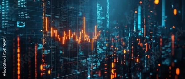 Fototapeta A dynamic digital visualization displaying data graphs and metrics, representing financial analytics and technology.