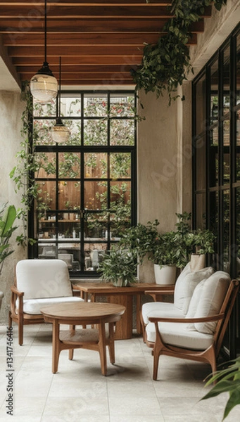 Fototapeta stylish outdoor patio featuring comfortable wooden furniture, lush greenery, and large windows that invite natural light, creating serene and inviting atmosphere for relaxation