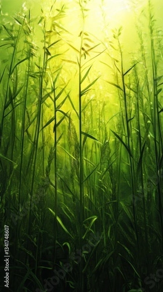 Fototapeta Swirling patterns of wildflower and meadow grass blades create delicate movements in a vibrant green setting
