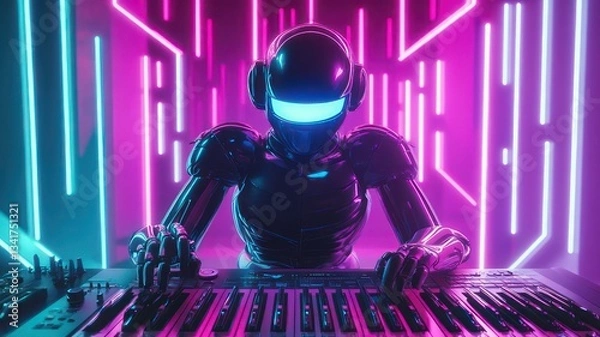 Obraz Futuristic Robot Playing Synthesizer in Neon Environment