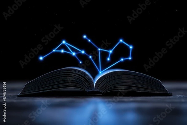Fototapeta An open book with glowing constellations emerging from its pages in a dark background.