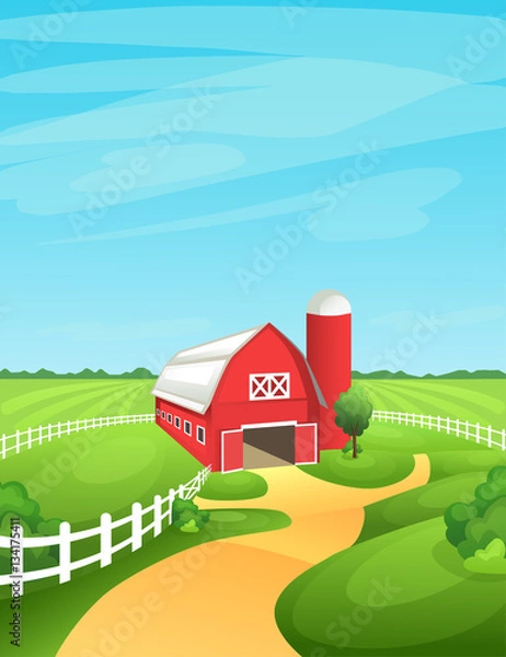 Fototapeta Farm landscape vector illustration. Bright and sunny rural background with barn, fields, pastures, meadows