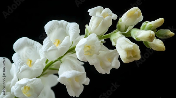 Obraz Elegant white freesias in bloom with green stems on a dark background
