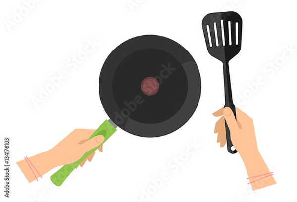 Obraz Female hands with empty teflon cooking pan and black slotted spatula. Flat concept illustration of restaurant and household food fry, roast tools. Vector kitchen elements for web, cook infographic.