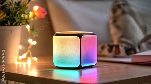 Obraz Square-shaped RGB Bluetooth speaker with gradient lighting on wooden desk

