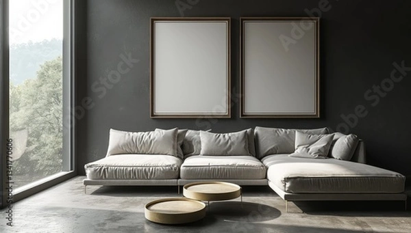 Fototapeta Modern sectional sofa, blank frames, scenic view, sunlit living room