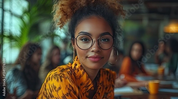 Fototapeta Confident woman in glasses at cafe, colleagues blurred background, professional portrait, website use