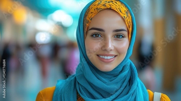 Fototapeta Smiling woman in hijab, public place, portrait.  Possible stock photo use