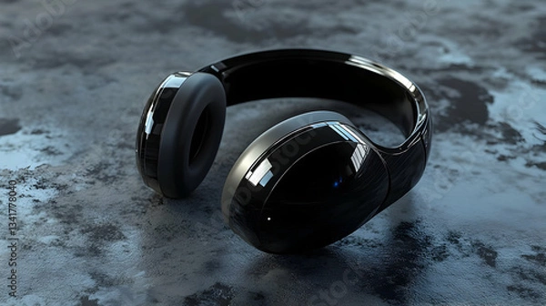 Fototapeta A pair of black over-ear headphones with a matte finish on a dark textured surface.
