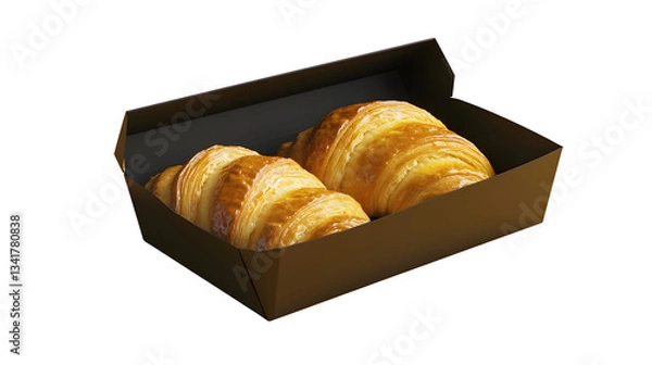 Fototapeta An open black box containing two golden-brown croissants on a white background.
