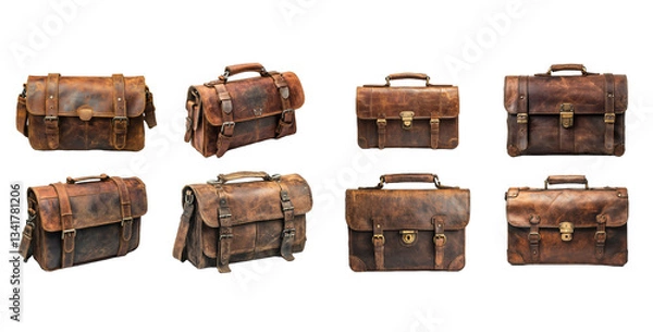 Obraz Collection of Eight Distressed Brown Leather Briefcases and Messenger Bags isolated with Transparent Background