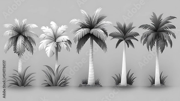 Fototapeta Five grayscale palm trees, various heights and styles.