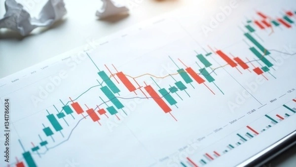 Fototapeta Close-up of a stock market chart with changing prices and candlestick graphs