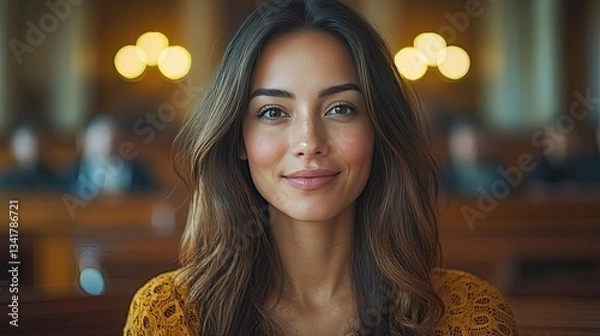 Fototapeta Confident woman smiles in grand hall; blurred background