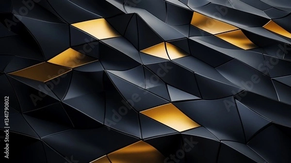 Fototapeta Abstract geometric pattern with dark glossy and golden triangular panels creating a 3D structure