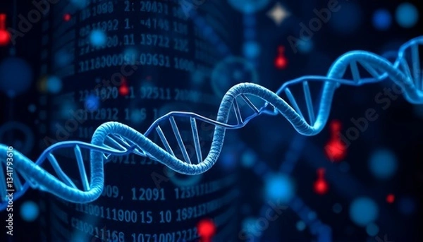 Obraz Genetic code visualization with molecular structures and DNA sequencing graphics