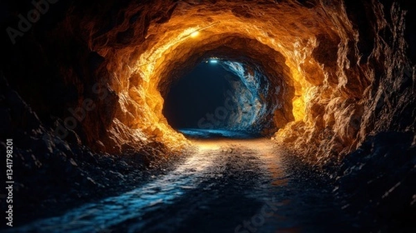 Fototapeta Illuminated Cave Tunnel Path, Underground Rock Formation