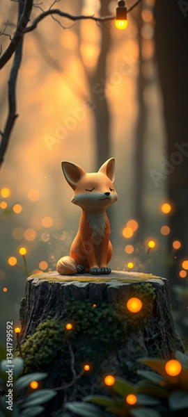 Fototapeta A tiny, charming ceramic fox glowing with magical warmth in a dreamy woodland scene.